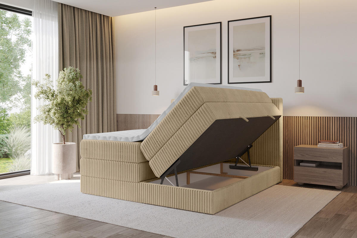 BOXSPRINGBETT mit Matratze H3|H4 und Lattenrost - TOLO KING 140x200 Cord - Beige - Beige, Holzwerkstoff (140/200cm) - ALTDECOR