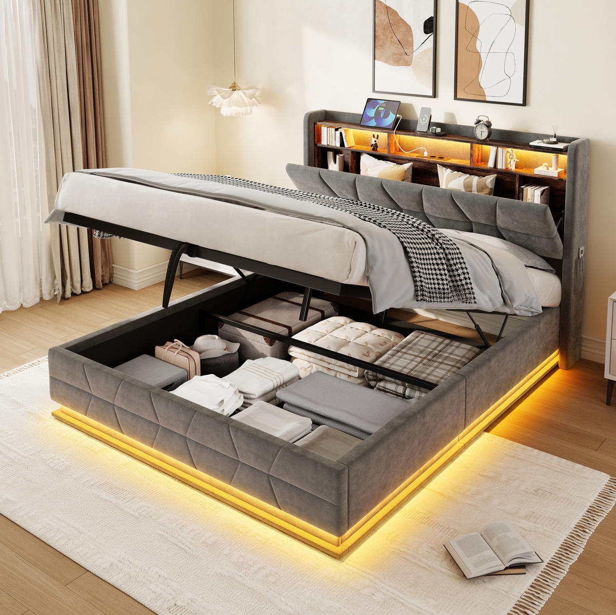 POLSTERBETT aus Velvet 160x200 cm in Dunkelgrau mit LED & USB/Type-C - Dunkelgrau, Textil (160/200cm) - Modfu