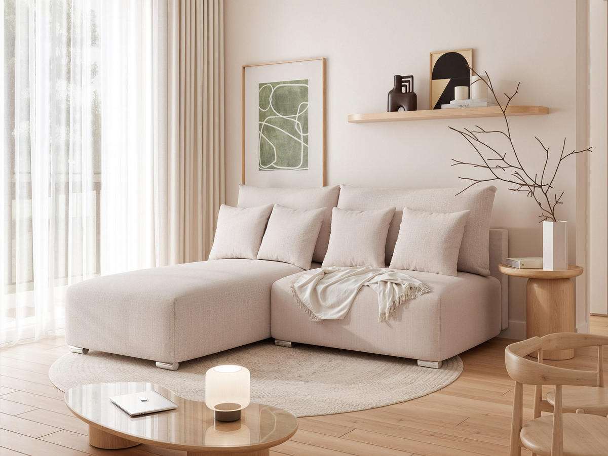 ECKSOFA ELVO mit Schlaffunktion und Bettkasten Creme - Creme, Holzwerkstoff/Kunststoff (208/190cm) - Idohome