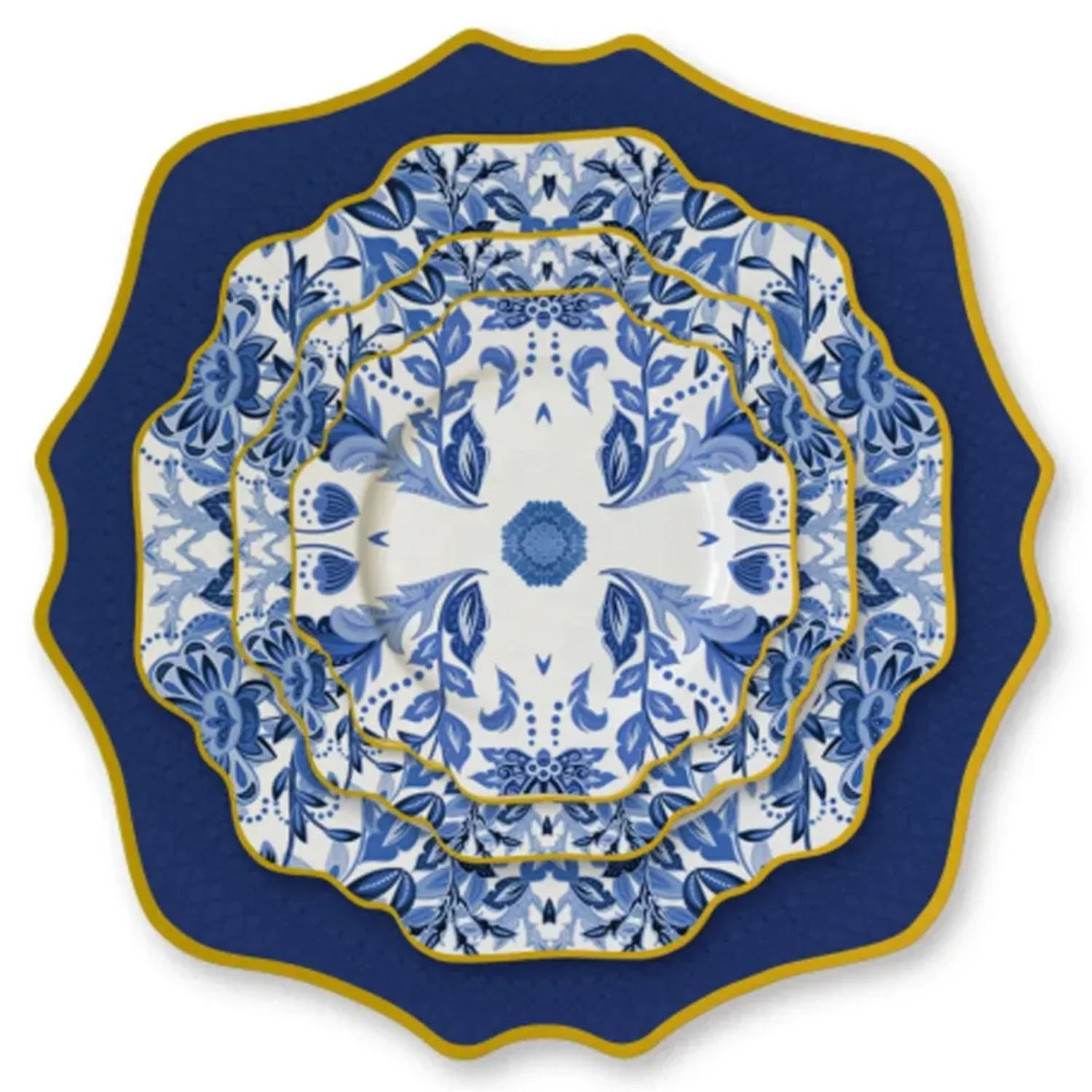 TELLERSET Blumen Goldrand Bone China Weiß Gold 4tlg Ø30 Ø27 Ø20 Ø16 cm - Blau/Goldfarben, Keramik (30/2/2cm) - Quality Elegance