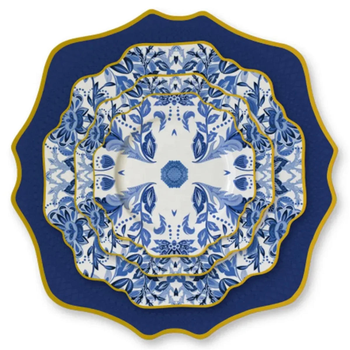 TELLERSET Blumen Goldrand Bone China Weiß Gold 4tlg Ø30 Ø27 Ø20 Ø16 cm - Blau/Goldfarben, Keramik (30/2/2cm) - Quality Elegance