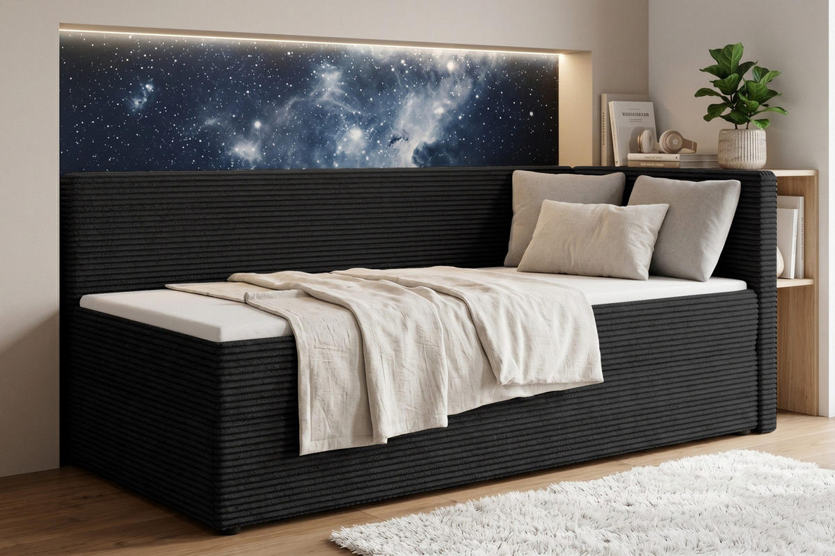 BOXBETT ROBERTO 90/200 in Cord Schwarz H4 rechts - Schwarz, Holz/Holzwerkstoff (90/200cm) - Deine Möbel 24