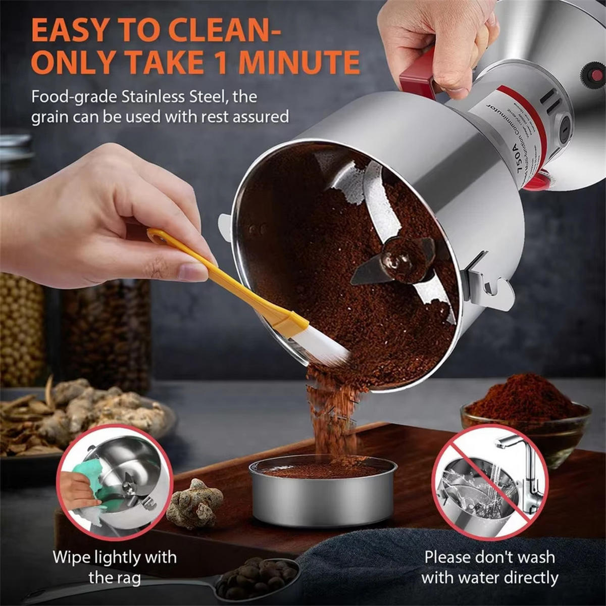 GETREIDEMÜHLE 2500G Hochgeschwindigkeit Gewürze Kaffee Kräuter - Silberfarben, Metall (13.5/35/20.5cm) - Bextcok