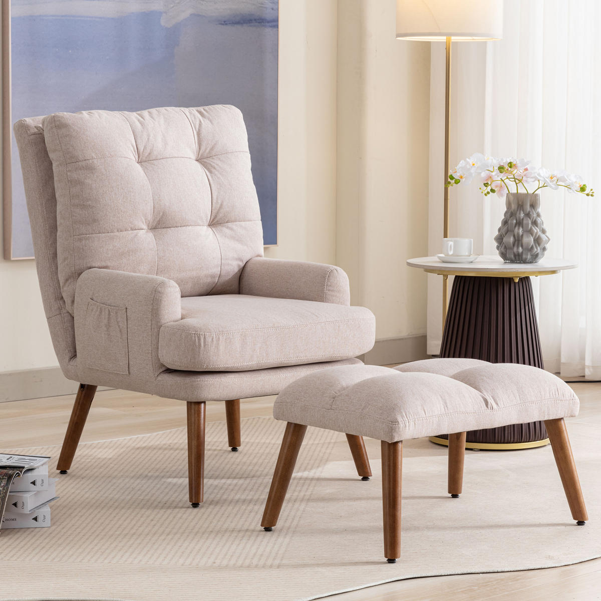 RELAXSESSEL Stoff Beige mit Fußhocker, Seitentasche und verstellbarer Rückenlehne - Beige, Holzwerkstoff/Textil (66/96.5/60cm) - WISHDOR
