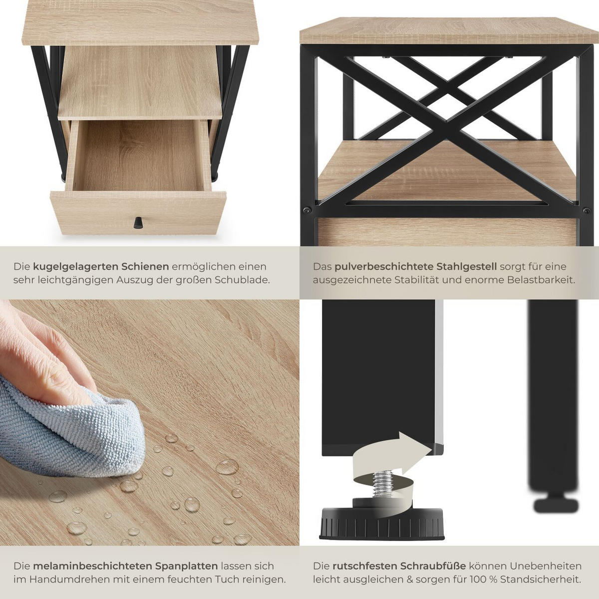 NACHTSCHRANK Falkirk, 40 x 41,5 x 55,5 cm, Industrial Holz hell, Eiche Sonoma - Naturfarben, Holzwerkstoff (40/55.5/41.5cm) - tectake