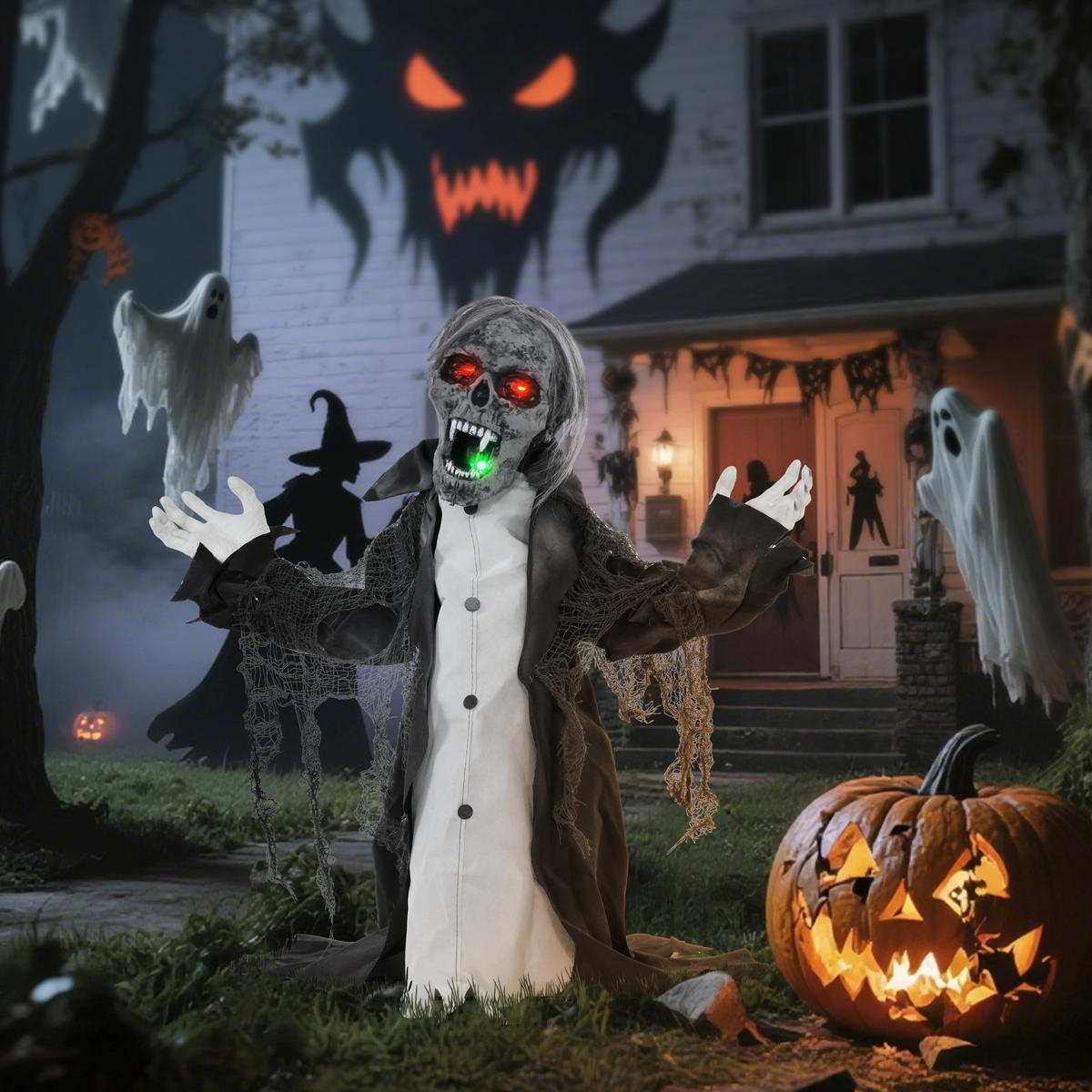 HALLOWEEN Dekoration Skelett mit Rot Leuchtende Augen, Heul-Geräusch - Grau, Kunststoff (32/75/102cm) - HOMCOM