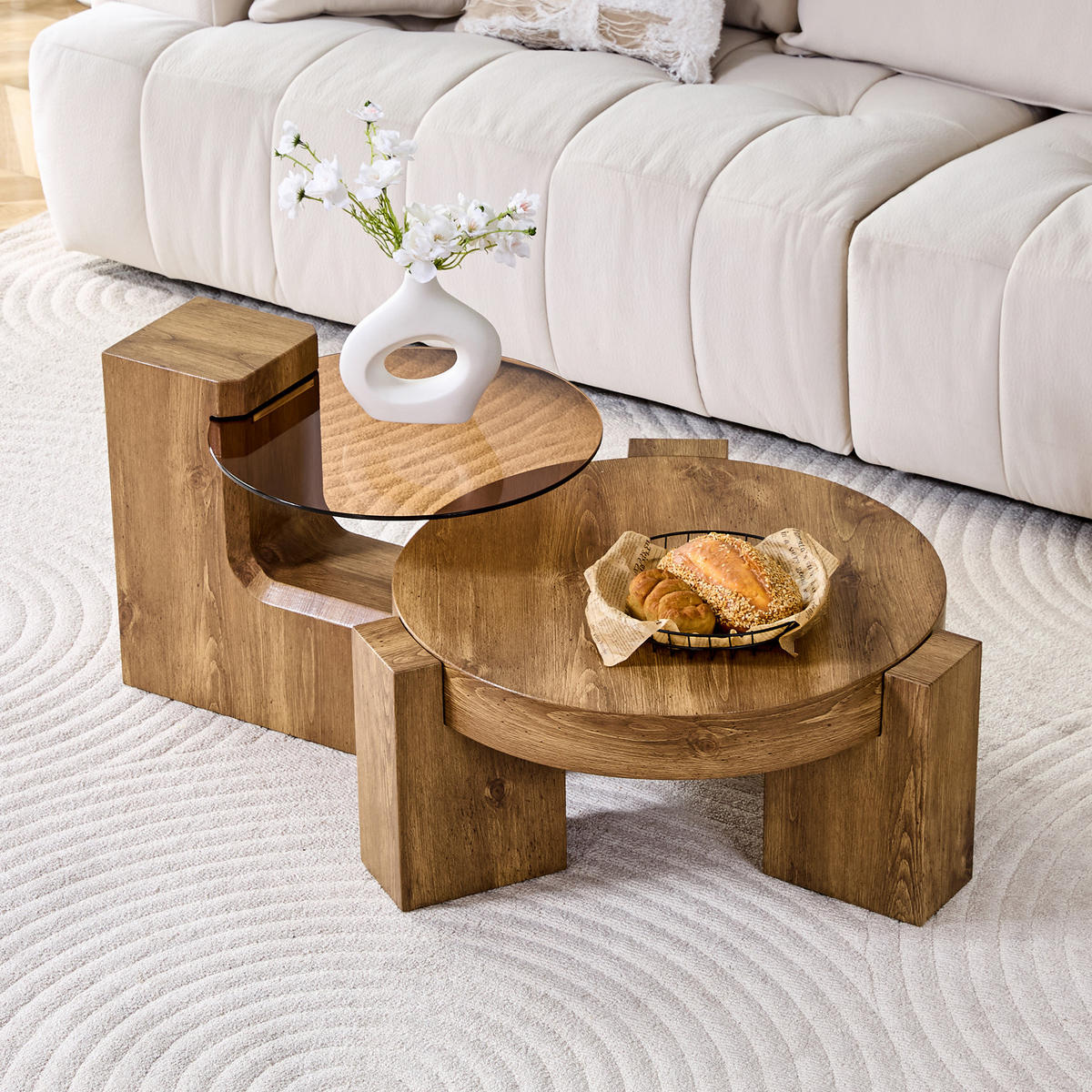 COUCHTISCH in Naturfarbe 2er-Set Couchtisch-Kombination mit Glasplatte für Wohnzimmer, B44/T62/H44 cm, Ø61/H30 cm - Naturfarben, Glas/Holzwerkstoff (61/61/30cm) - STILVORA