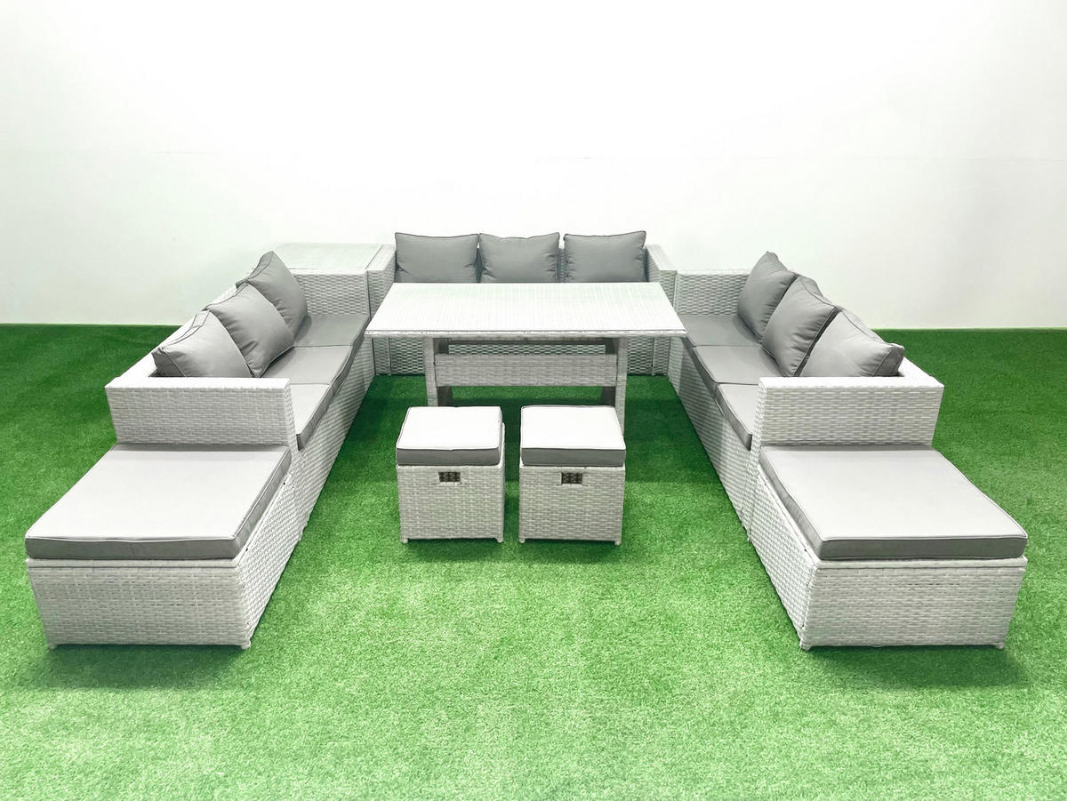GARTENSET mit Esstisch,Sofa,2 Beistelltischen Polyrattan Hellgrau 13-Sitzer - Hellgrau/Grau, Glas/Kunststoff - Fimous