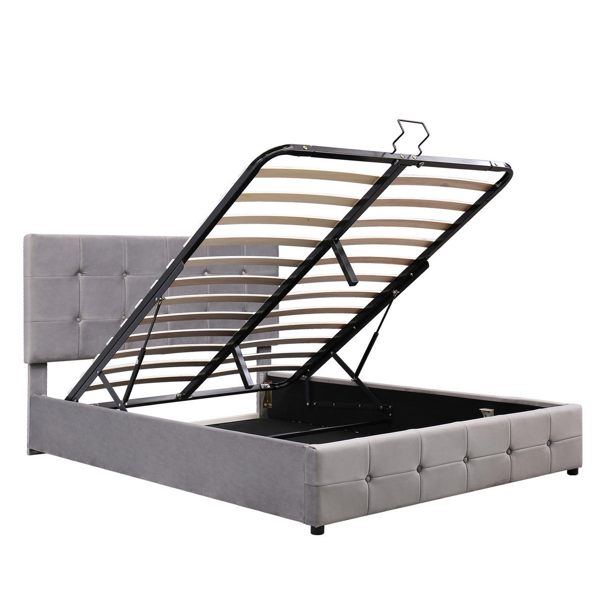 POLSTERBETT 140/200 cm grau mit hydraulischem Bettkasten und höhenverstellbarem Kopfteil - Grau, Textil (140/200cm) - OKWISH