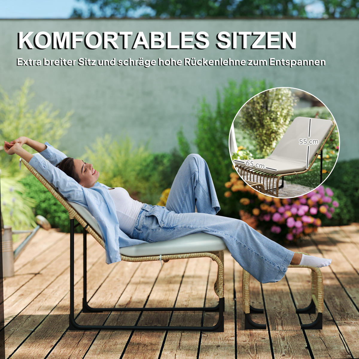 RELAXSESSEL mit Fußhocker UV-beständig Gartensessel mit Kissen Bänder - Creme, Metall (65/80/93cm) - Outsunny