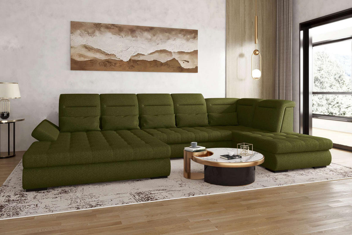 WOHNLANDSCHAFT Toscana Strukturstoff inkl. Schlaffunktion - Grün, Textil (208/87/358cm) - 99rooms