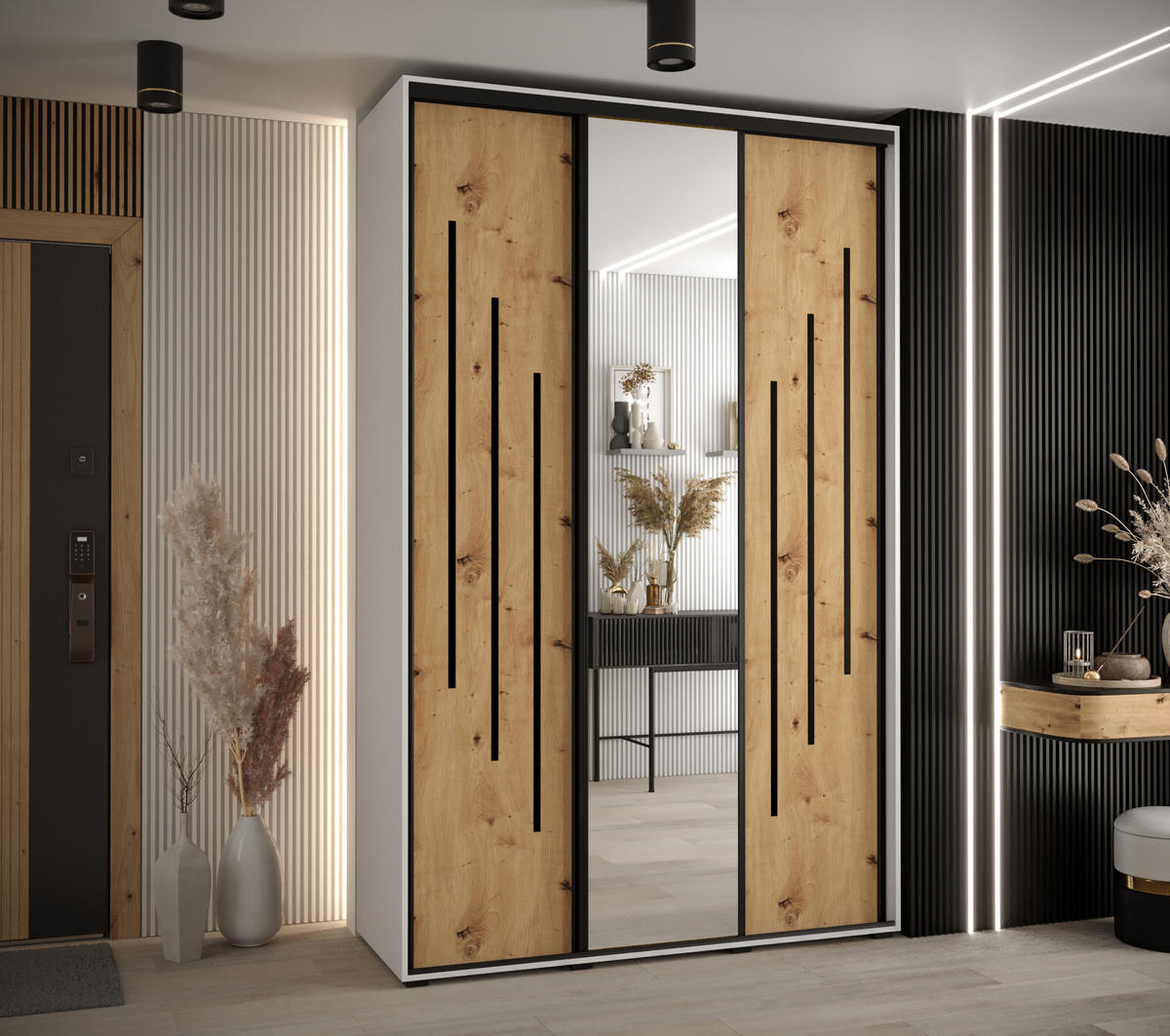 SCHWEBETÜRENSCHRANK 235,2/160/60 3-türig - Schwarz/Eiche Artisan, Holz/Metall (160/235/60cm) - Abiks Möbel