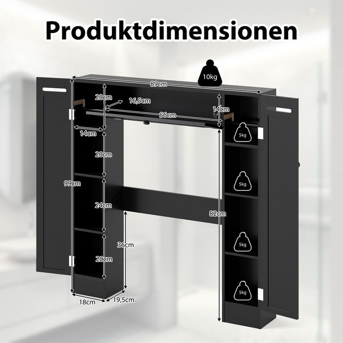 TOILETTENSCHRANK mit Toilettenpapierhalter schwarz - Schwarz, Holzwerkstoff (89/99/19.5cm) - COSTWAY