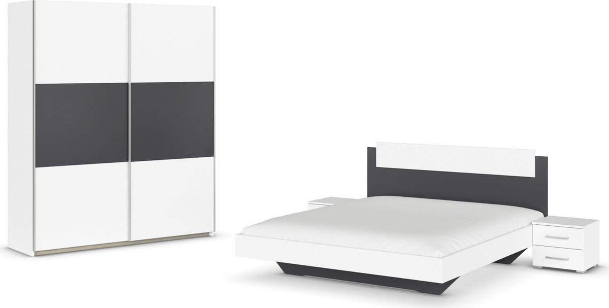 SCHLAFZIMMER Borba in Weiß und Grau 4 teilig – mit Bettanlage 160x200cm, zwei Nachttisch und Schwebetürenschrank 175cm Breite - Weiß, Holzwerkstoff (80/200/120cm)