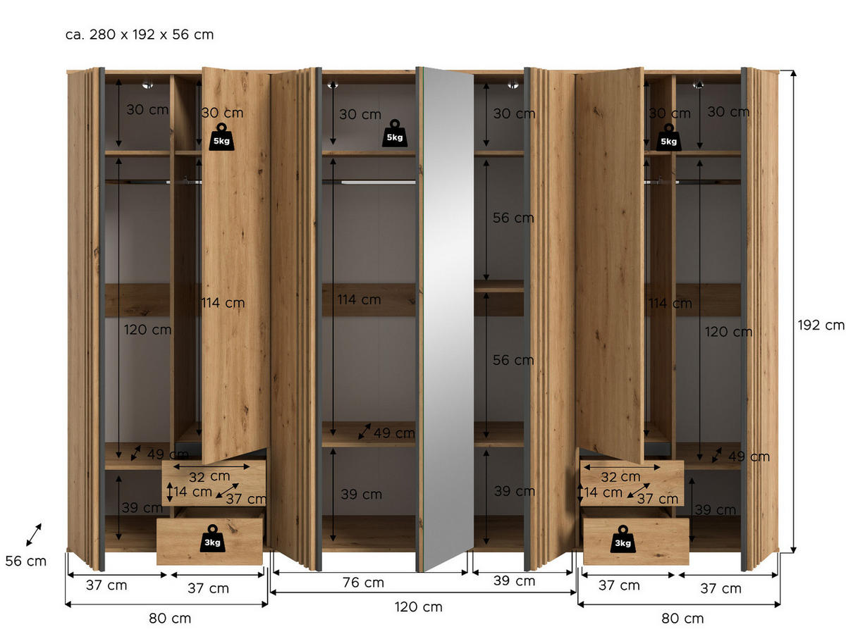 KLEIDERSCHRANK Eiche Artisan, grau 280 cm 7-türig, Wäscheschrank mit Spiegel und Schubladen - Anthrazit/Eiche Artisan, Holzwerkstoff (280/192/56cm) - Inn.Furn