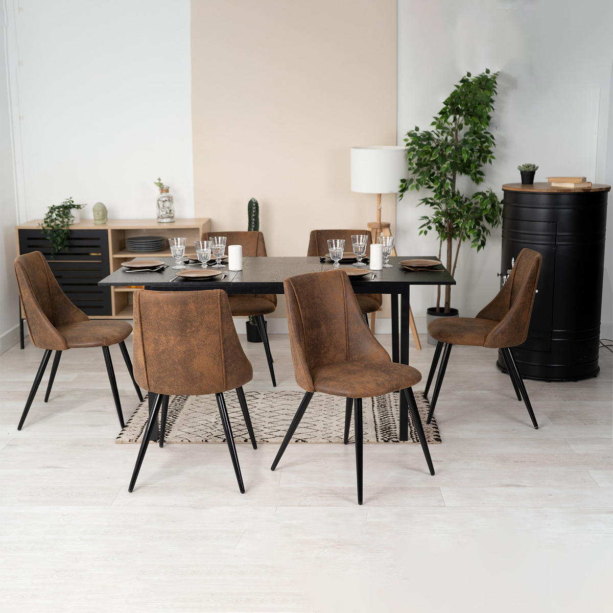 ESSGRUPPE mit 1 ausziehbaren Tisch und 6 Stühlen aus Suede in Braun - Multicolor/Schwarz, Metall (40/86/39cm) - Meubles Cosy