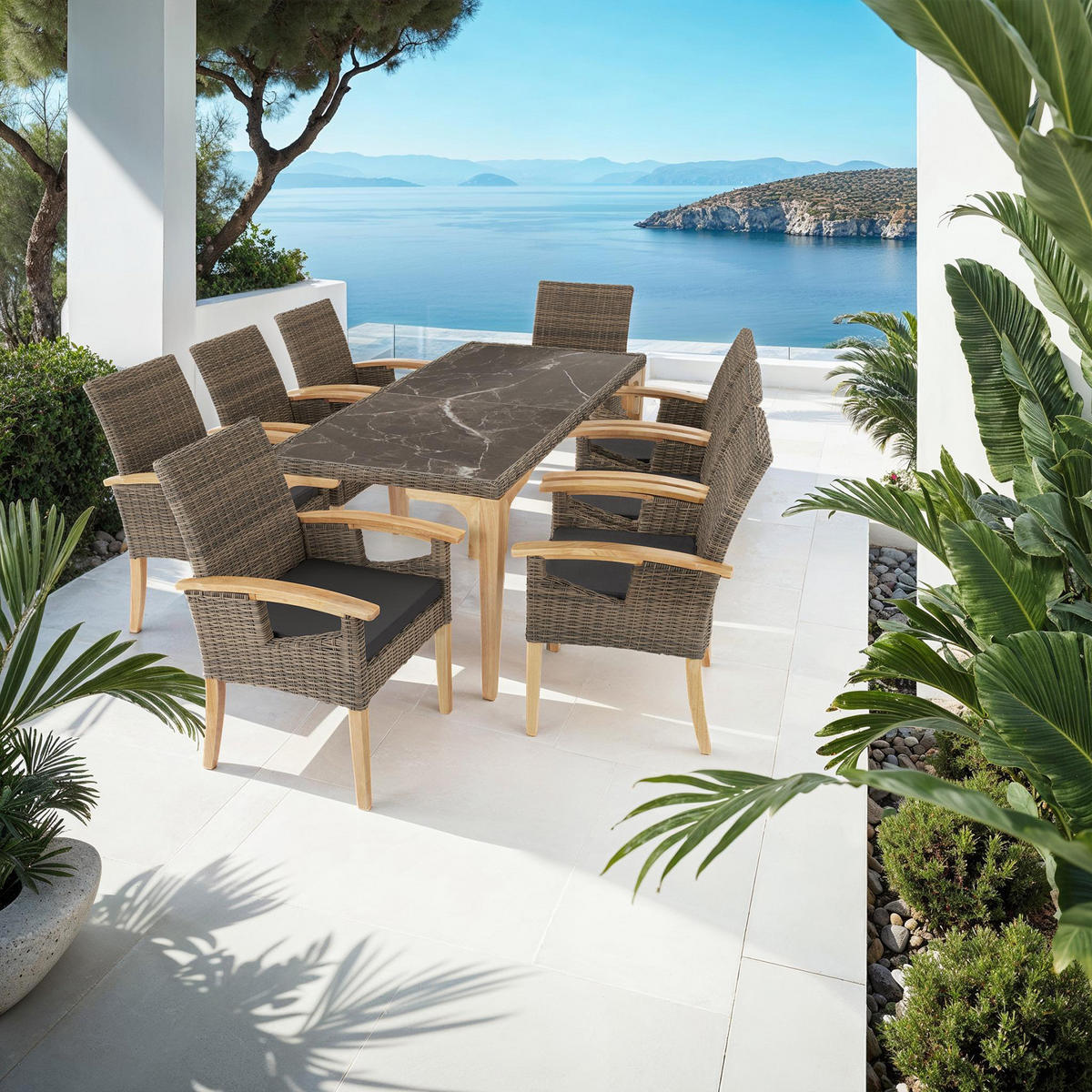 GARTENTISCH Foggia mit 8 Stühlen Rosarno, Armlehnen und Beine aus Holz, natur - Naturfarben, Kunststoff - tectake