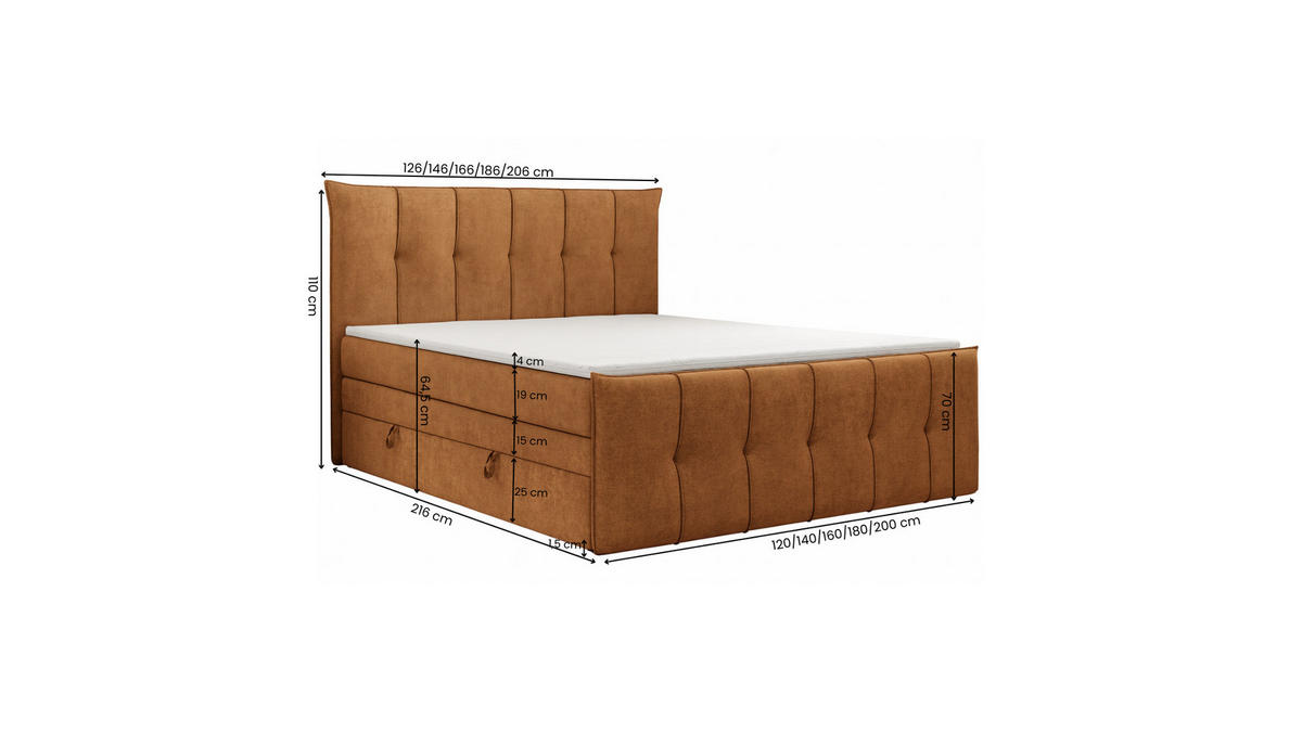 BOXSPRINGBETT SUPREME mit Topper und Bettkasten, Rostfarben, 180x200 cm - Rostfarben, Textil (180/200cm) - KS Home Concept