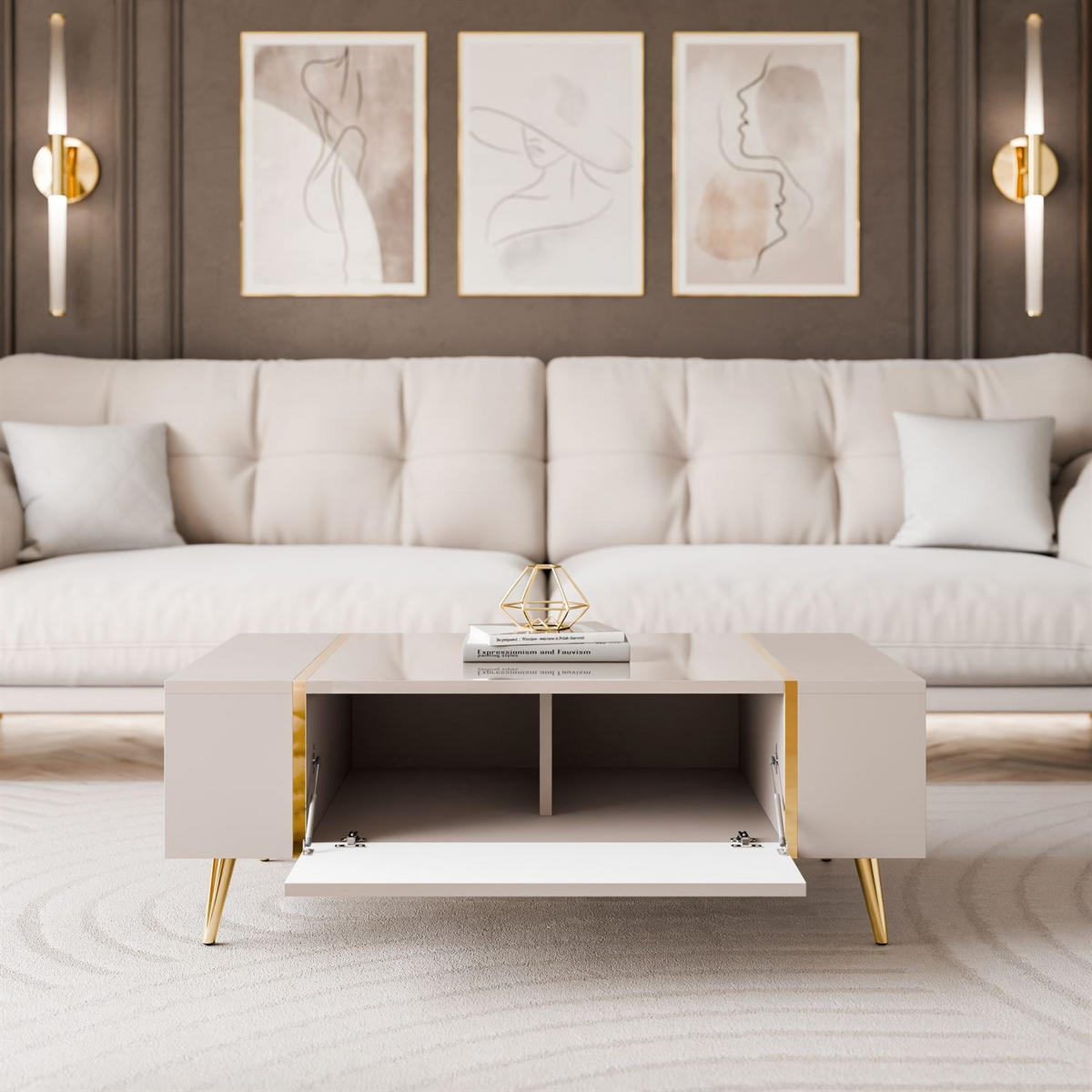 COUCHTISCH ONYX Kaschmir auf goldenen Beinen Hochglanz - Kaschmir, Holzwerkstoff (65/104/41.5cm) - Lookway