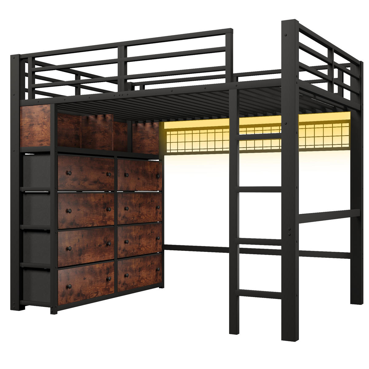 HOCHBETT mit 8 Schubladen 140x200 cm Metall Schwarz - Schwarz, Metall (140/200cm) - Meubliv