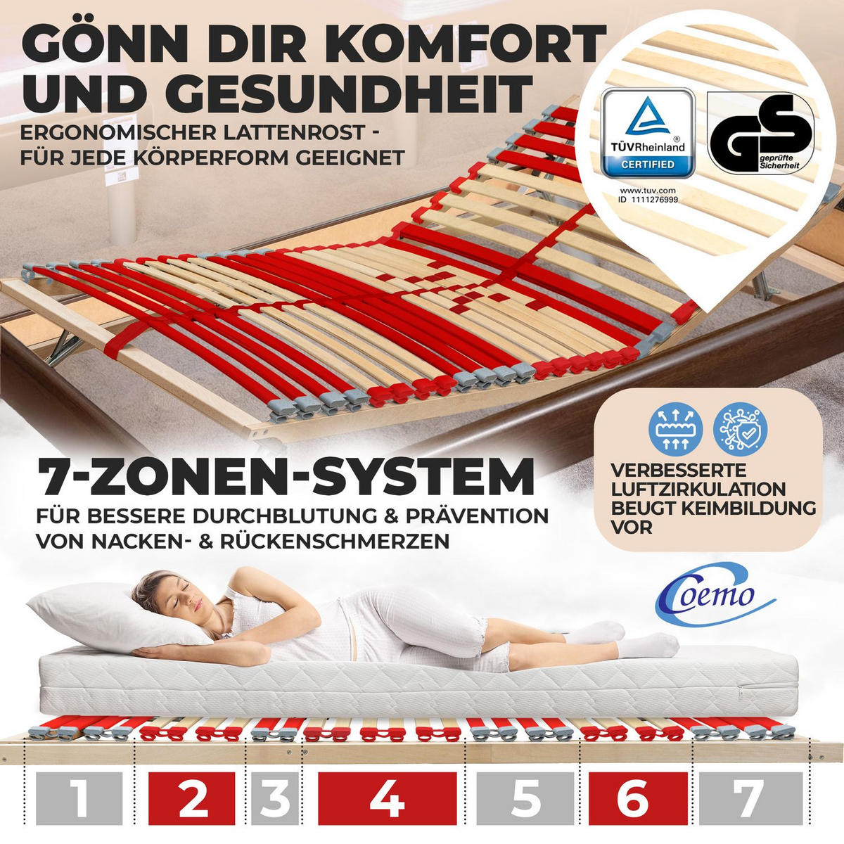 LATTENROST "RUBY" 90x200 cm mit Kopf- & Fußteilverstellung 28 Leisten - Naturfarben, Holz (90/200cm) - Coemo