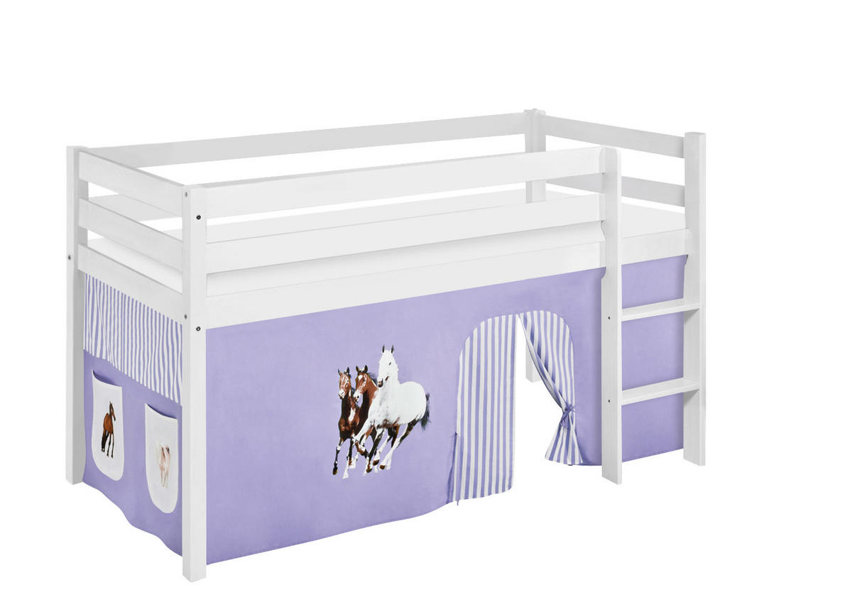 HOCHBETT Jelle mit PFERDE lila Vorhang - Kinderbett - Weiß, Holz - Lilokids