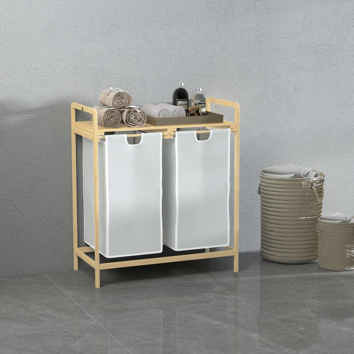 WÄSCHEKORB Bambus Polyester Natur+Creme - Creme/Naturfarben, Naturmaterialien (33/73/63.5cm) - HOMCOM