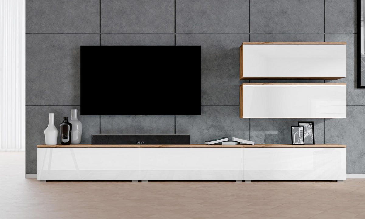 WOHNWAND Loriano V Wotan, Weiß Hochglanz 300/104,5/32 cm – Hängend und Stehend - Braun/Weiß, Holzwerkstoff/Kunststoff (300/104.5/32cm) - AX Living