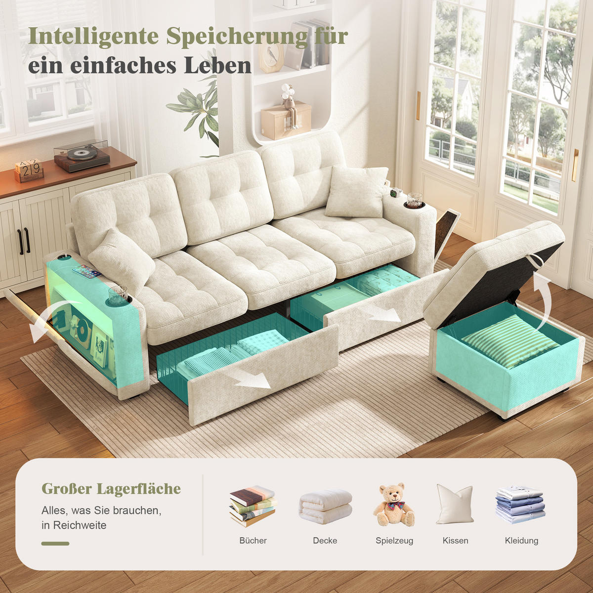 BIGSOFA mit Stauraum-Hocker, USB-C, LED, Becherhaltern und Schubladen aus Chenille - Beige, Textil (194.5/83/133cm) - EVRYAE