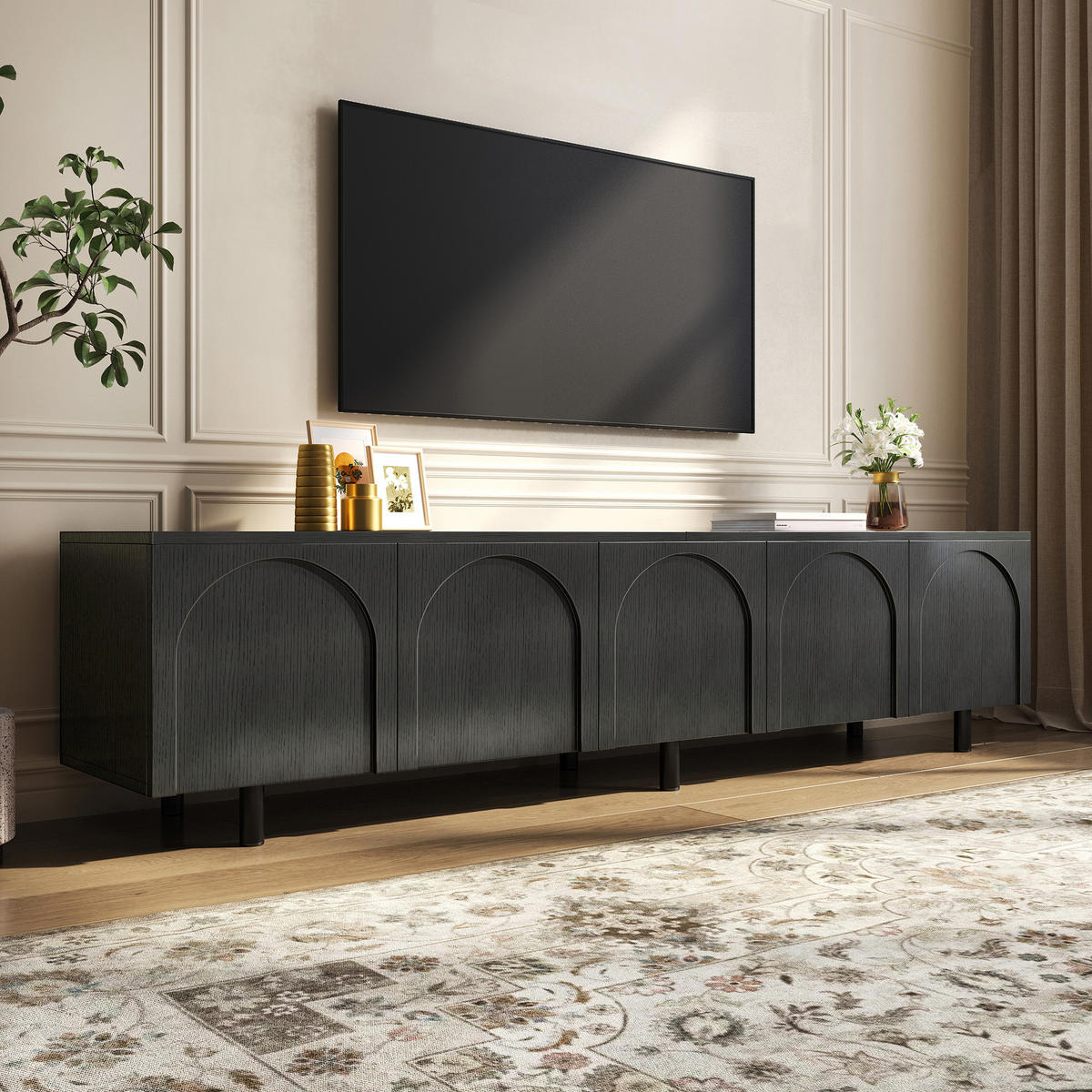 TV-SCHRANK 180/38/45 cm Schwarz mit 5 Türen und Metallfüßen - Schwarz, Holzwerkstoff/Metall (180/45/38cm) - Oxeza