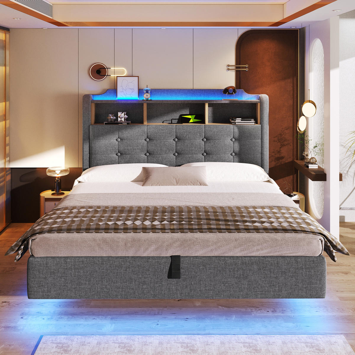POLSTERBETT 140/200 cm Grau mit LED-Lichtleiste, Staufächer, USB- und Typ-C-Anschlüsse - Grau, Textil (140/200cm) - Oxeza