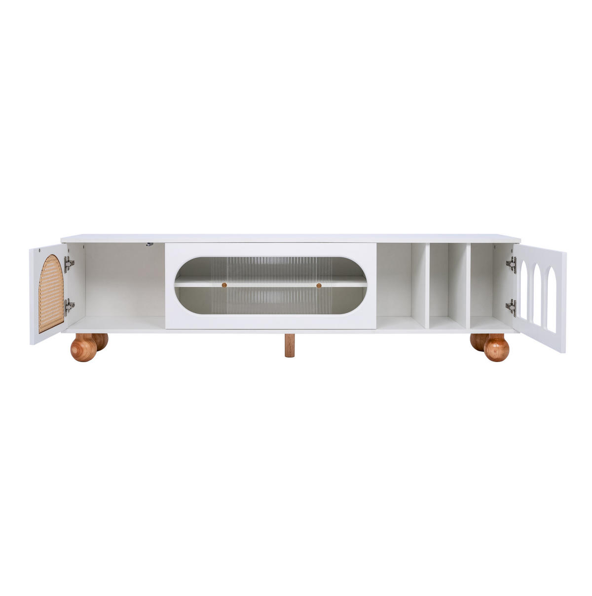 TV-LOWBOARD aus Spanplatte 170x47x37 cm Weiß mit Glasschiebetür, Rattan-Optik und sanft schließenden Türen - Weiß, Holzwerkstoff (170/37/47cm) - Modfu
