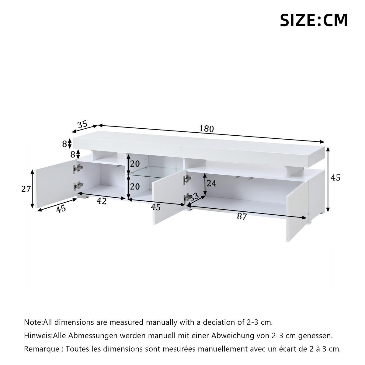 TV-LOWBOARD 180x35x45 cm Weiß Hochglanz 3 Türen Glas Einlegeböden - Weiß, Holzwerkstoff (35/45/180cm) - FLIEKS