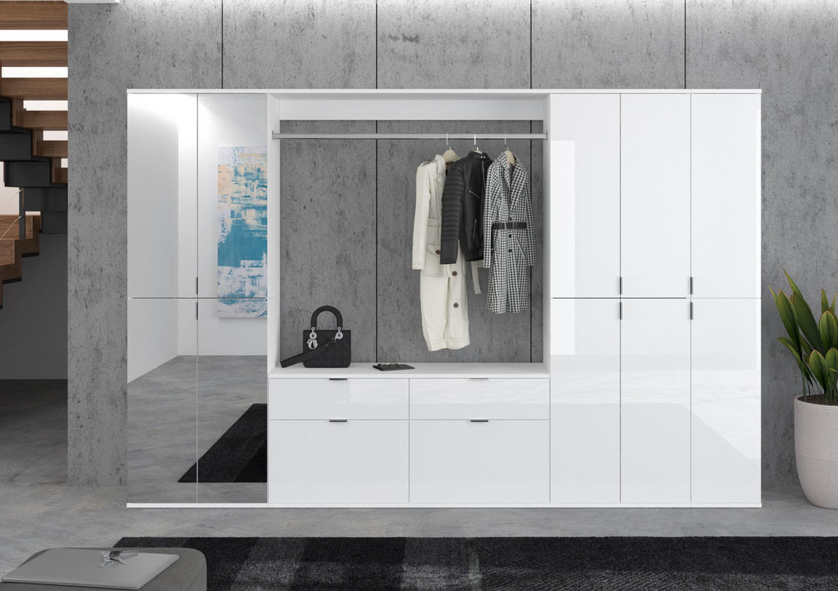 GARDEROBEN-SET weiß Hochglanz 273 cm viel Stauraum, Flurgarderobe mit Spiegeltür - Chromfarben/Weiß Hochglanz, Glas/Holzwerkstoff (273/193/34cm) - Inn.Furn