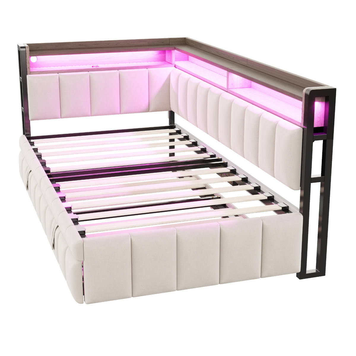 BETT mit Ausziehbett 90/200cm und LED-Beleuchtung in Beige Samt - Beige, Textil (90/200cm) - OKWISH