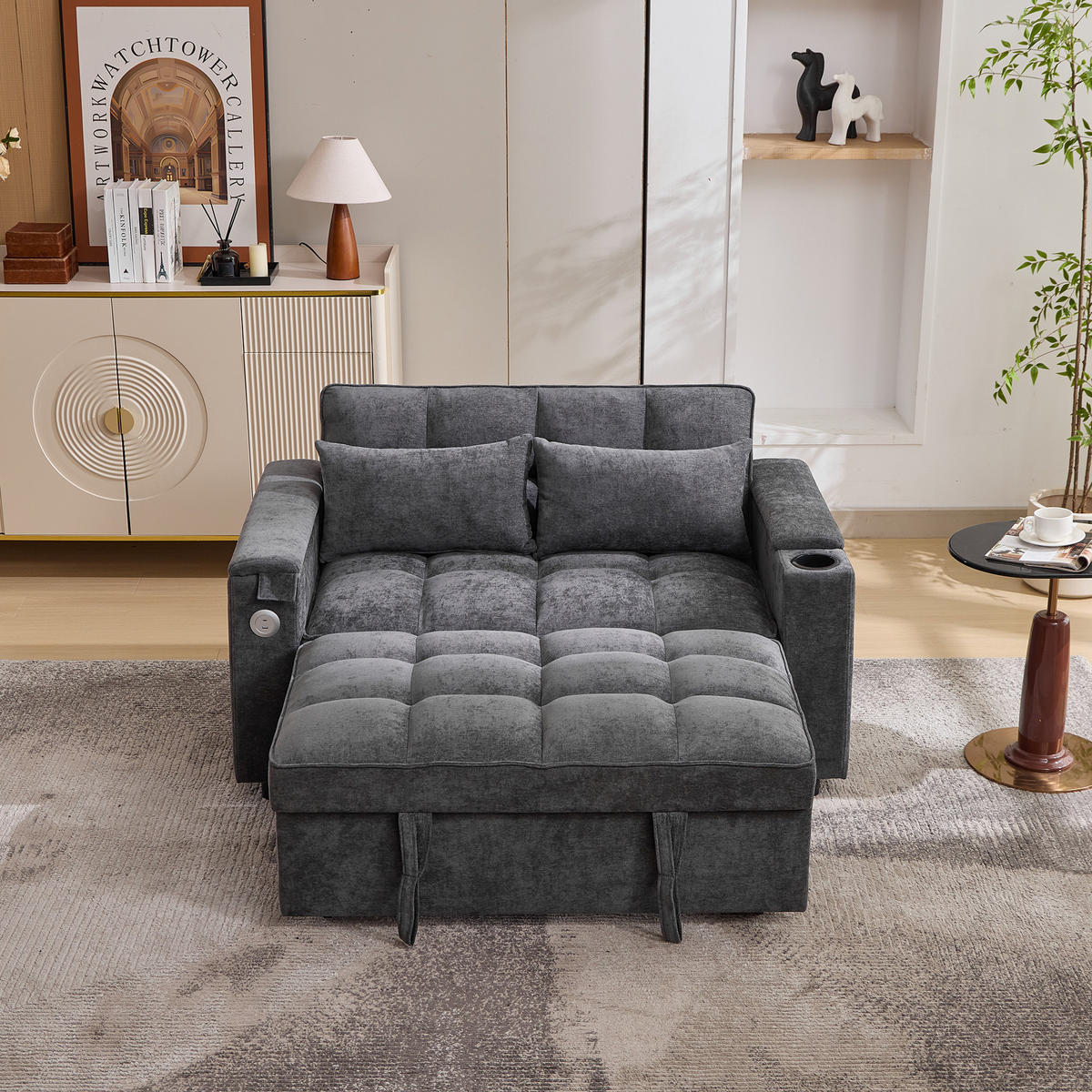 SCHLAFSOFA Stoff 3-in-1 mit USB-Anschluss, ausziehbar 140,5/74/82 cm (bis 161 cm), Grau - Grau, Textil (140.5/82/74cm) - Redom