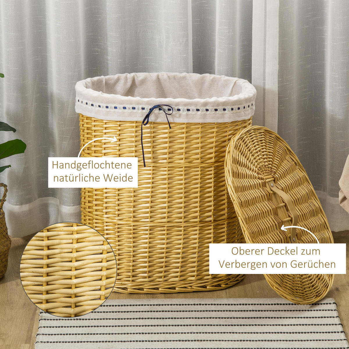WÄSCHEKORB, Weidenrute, Naturholz - Naturfarben, Holz (38/57/51cm) - HOMCOM