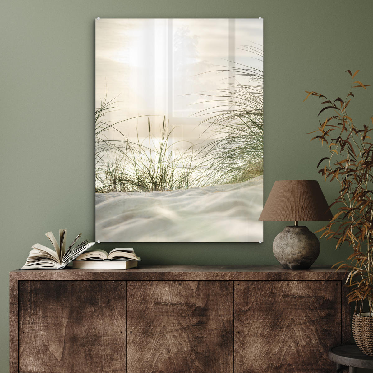 OBRAZ NA AKRYLOVOM SKLE Duny s marramovou trávou pod slnkom nemeckého národného parku Schleswig-Holsteinisches Wattenmeer 60x80 cm - krémová, sklo (60/80cm) - MuchoWow