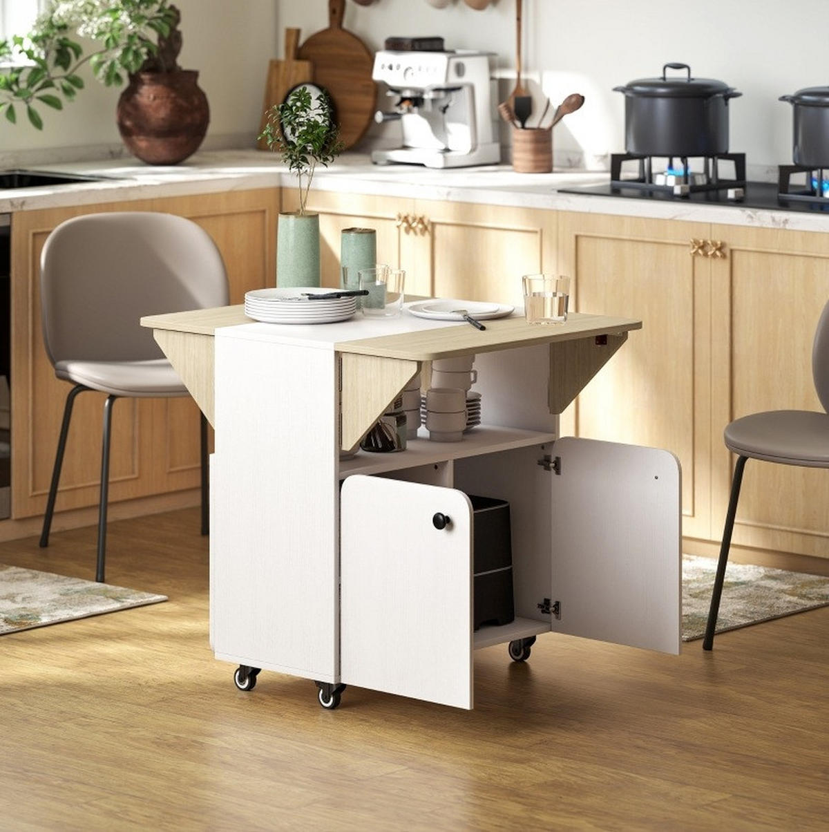 KLAPPTISCH 70/83/75 cm mit 2 Klappseiten, Stauraum und 4 Rollen, Weiß - Weiß, Holz (70/83/75cm) - Redom
