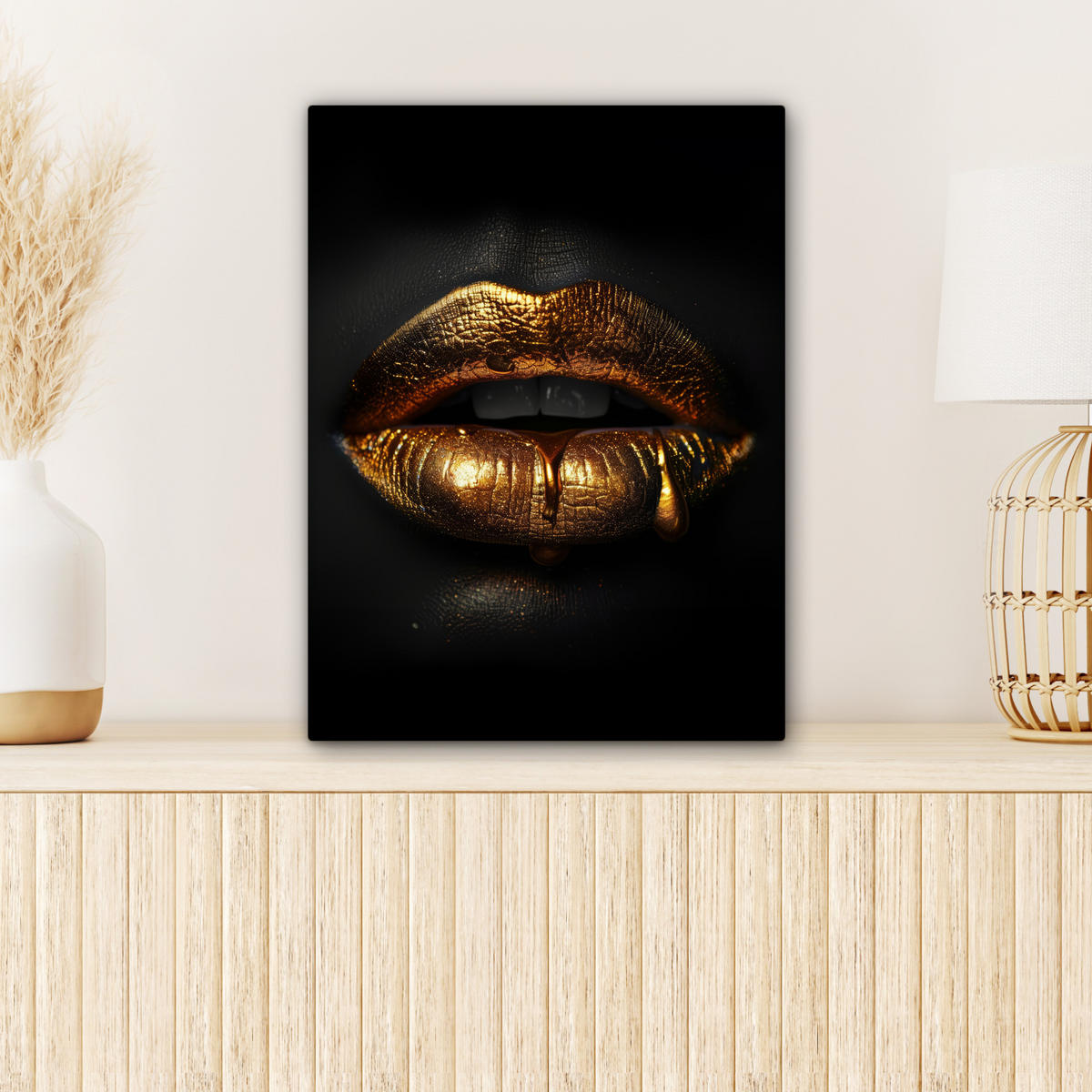 LEINWANDBILD Frau - Porträt - Lippen - Gold - Schwarz Room Decor 30x40 cm - Schwarz, Textil (30/40cm) - MuchoWow