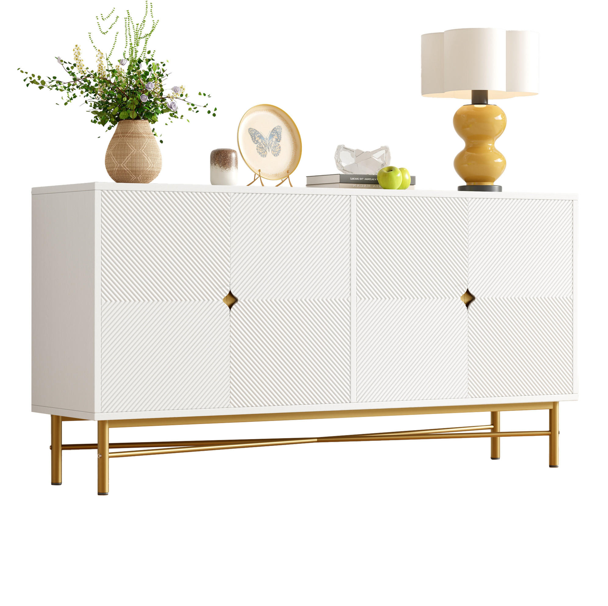 SIDEBOARD 160/40/82 cm mit 4 Türen in Weiß mit Strukturfronten & goldfarbenen Details - Weiß, Holzwerkstoff (160/82/40cm) - BEAOK