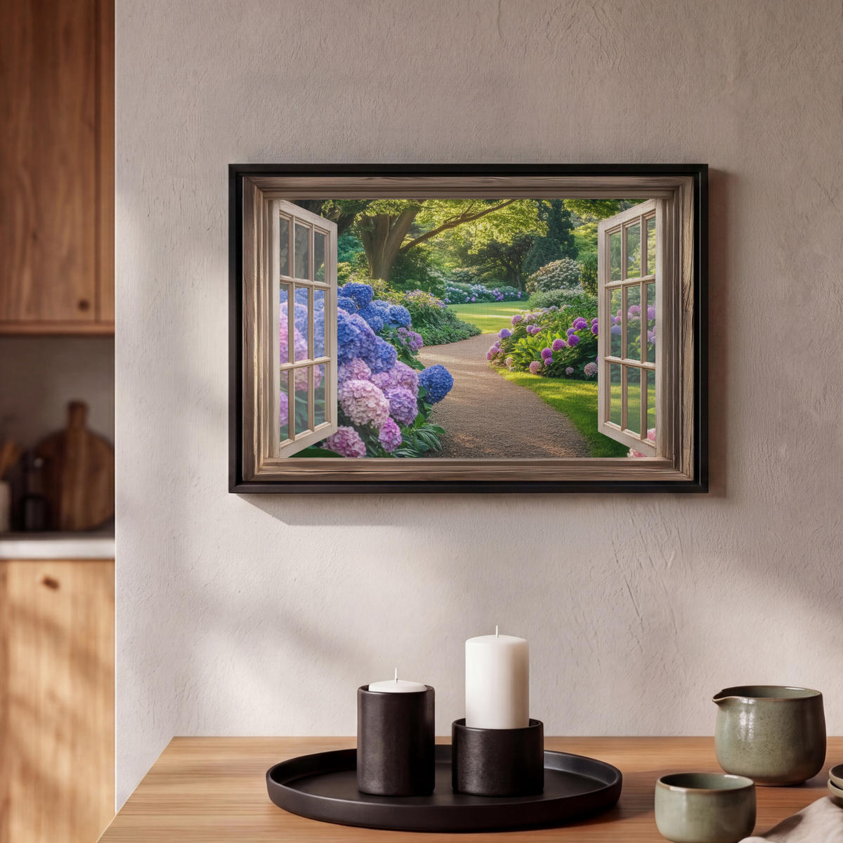 LEINWAND Bilder mit Rahmen - Aussicht - Garten - Fenster - Hortensie - Blumen - 30x20 - Pastellblau, Textil (30/20cm) - MuchoWow