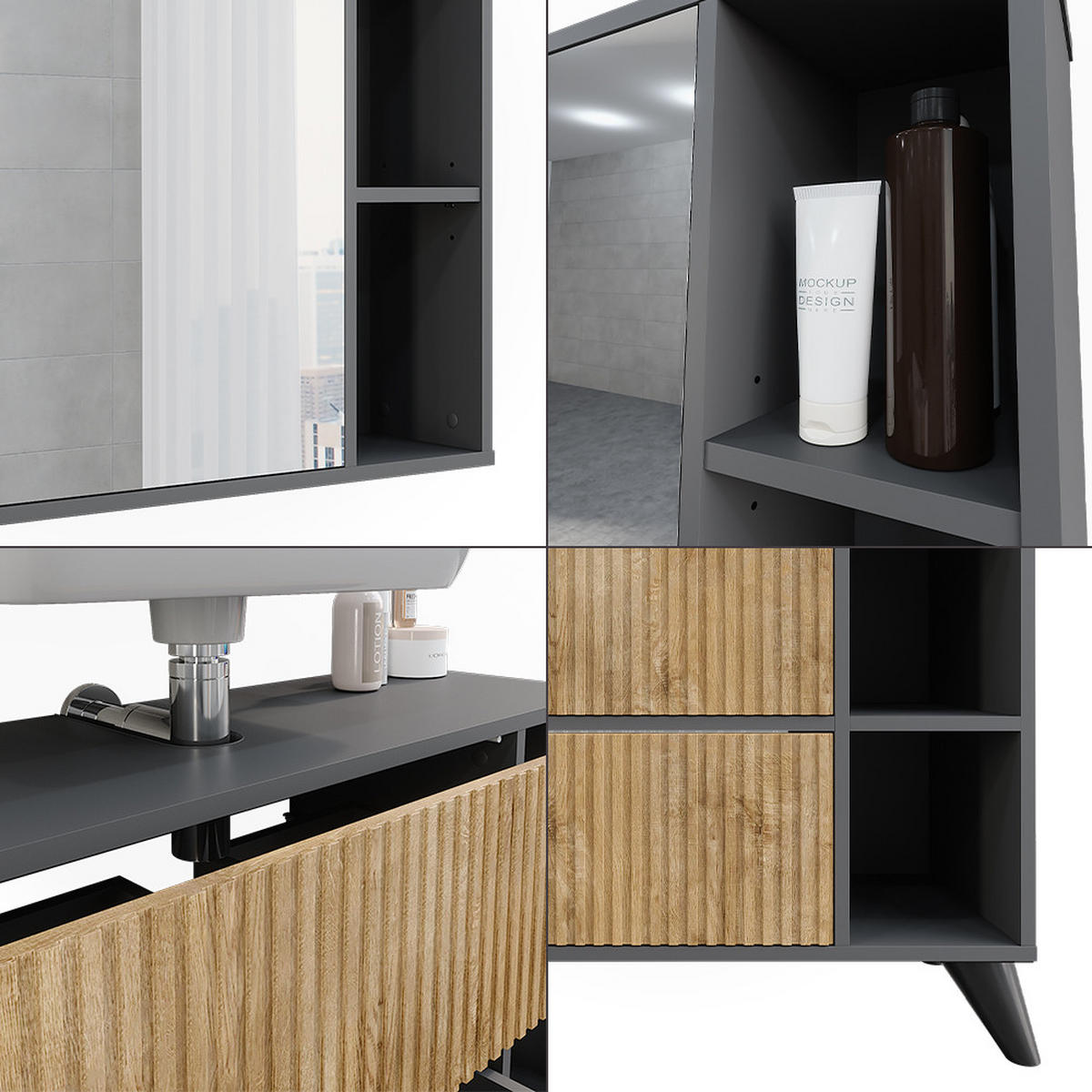 BADMÖBEL-SET Leano Anthrazit/Bergeiche 80 cm, Set 1 - Eichefarben/Anthrazit, Holzwerkstoff (80/62/30cm) - Vicco