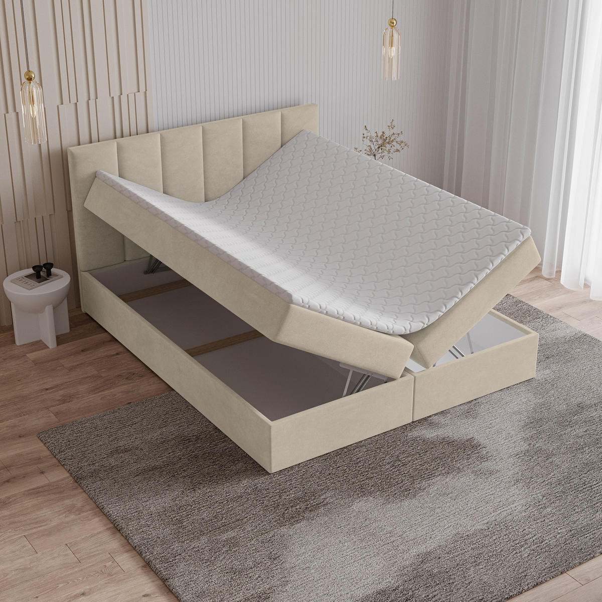 BOXBETT MERIL 160x200 cm mit Matratze und Topper - Beige - Beige, Holz (160/200cm) - MASSENO