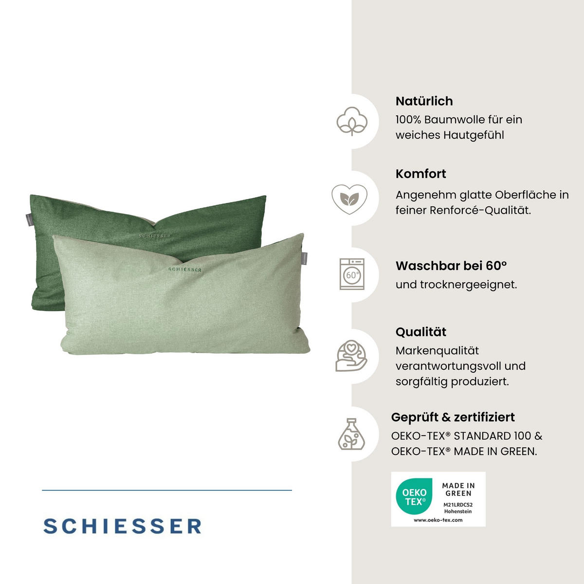 KISSENHÜLLENSET Doubleface Renforcé 2-teilig 40x80 cm Grün - Grün, Textil (40/80cm) - SCHIESSER