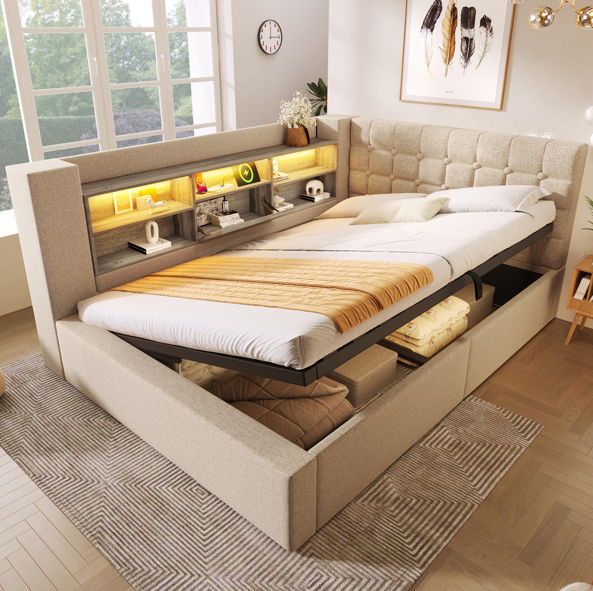 POLSTERBETT 140/190 cm Beige mit LED und Stauraum ohne Matratze - Beige, Textil (140/190cm) - MIVRAY