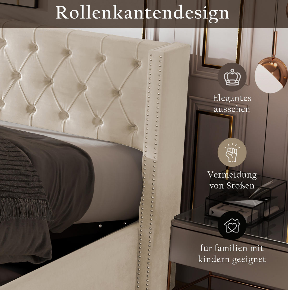 POLSTERBETT 180/200 cm mit hydraulischem Bettkasten, Chesterfield-Design und Samtbezug, Beige - Beige, Textil (180/200cm) - Redom