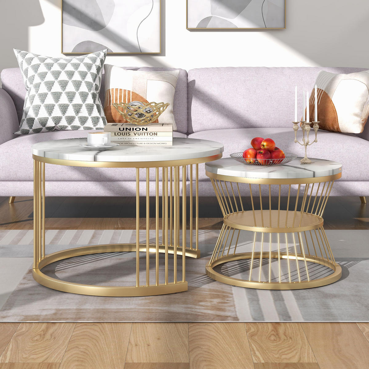 COUCHTISCH 2-teiliges Set 70/70/47 cm und 45/45/40 cm Weiß Stapelbar mit Stahlrahmen - Weiß, Holzwerkstoff (70/70/47cm) - OKWISH