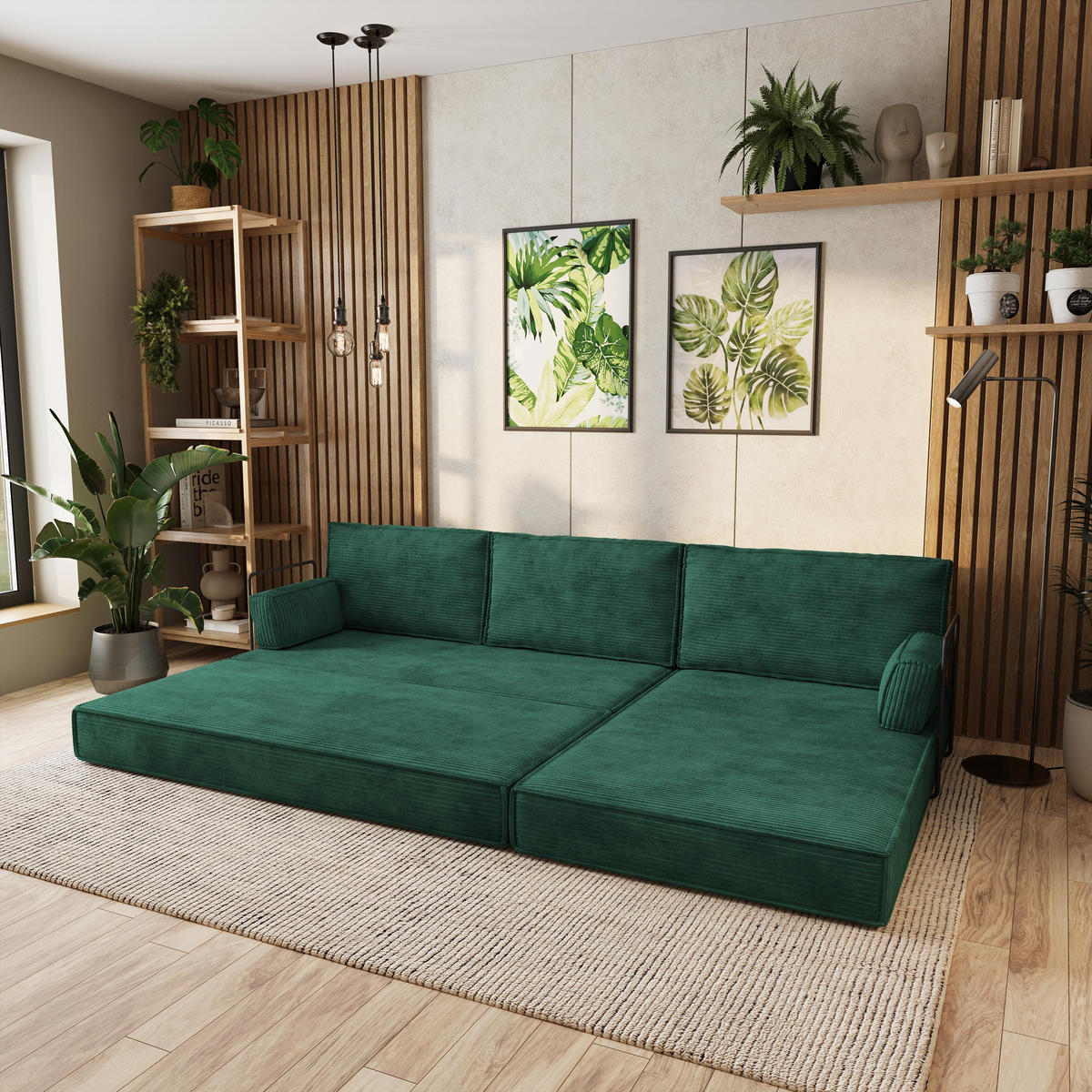 ECKSOFA ANKO modulares Boneless Sofa mit Schlaffunktion Grün Kordstoff - Grün, Textil (270/160cm) - MASSENO