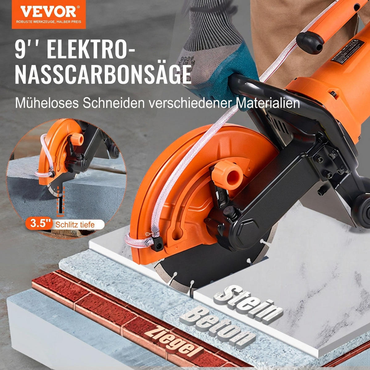 SCHLEIFMASCHINEN UND ZUBEHÖR Elektrischer Betonschneider 22,9cm Nass-Trocken Trennschleifer mit Wasserpumpe - Orange, Metall (20/30/10cm) - Raelunyi